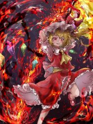 Rule 34 | 1girl, ascot, blonde hair, commentary, crystal, fire, flandre scarlet, hat, highres, holding, holding weapon, laevatein (touhou), looking at viewer, medium hair, mob cap, multicolored wings, myui17901139, open mouth, puffy short sleeves, puffy sleeves, red eyes, red skirt, red vest, short sleeves, side ponytail, skirt, smile, solo, touhou, vest, weapon, wings, yellow ascot