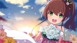 Rule 34 | 1girl, absurdres, ahoge, blurry, blurry background, blurry foreground, blush, bouquet, brown hair, collarbone, commentary request, depth of field, dress, field, flower, flower field, flower wreath, green eyes, green flower, hair between eyes, hair ornament, highres, holding, holding bouquet, hololive, lens flare, letterboxed, looking at viewer, natsuiro matsuri, okota mikan, open mouth, outdoors, petals, portrait, side ponytail, solo, sun, teeth, upper teeth only, virtual youtuber, wedding dress