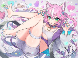 Rule 34 | 1girl, alternate costume, animal ear fluff, animal ears, barefoot, belt, belt collar, blue nails, blush, breasts, butterfly hair ornament, camisole, commentary request, feet, feet up, full body, fur-trimmed jacket, fur trim, green eyes, hair ornament, hands up, jacket, large breasts, long hair, long sleeves, looking at viewer, muco lita, nail polish, nijisanji, nijisanji kr, open clothes, open jacket, pink hair, purple belt, sheep, shorts, solo, thigh strap, toenail polish, toenails, tongue, tongue out, very long hair, virtual youtuber, white camisole, white jacket, white shorts, yang nari