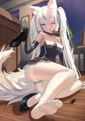 Rule 34 | 1girl, ;q, animal ear fluff, animal ears, ass, bare shoulders, black choker, black dress, black footwear, black gloves, blue eyes, breasts, choker, cleavage, closed mouth, collarbone, cross-shaped pupils, dress, elbow gloves, feet, foreshortening, fox ears, fox girl, fox tail, gloves, high heels, highres, holding, long hair, looking at viewer, medium breasts, mirufuaa, multicolored hair, naughty face, no shoes, one eye closed, original, pantyhose, shoes, unworn shoes, short dress, sitting, smile, solo, strapless, strapless dress, streaked hair, symbol-shaped pupils, tail, thighband pantyhose, toes, tongue, tongue out, twintails, very long hair, white hair, white pantyhose, yokozuwari