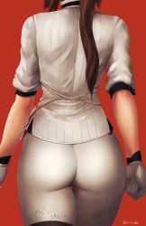Rule 34 | 1girl, ass, ass focus, brown hair, collared shirt, finalcake, from behind, girls&#039; frontline, gloves, lee-enfield (girls&#039; frontline), long hair, pants, ponytail, red background, shirt, simple background, solo, thighhighs, twitter username, very long hair, white gloves, white pants, white shirt