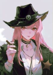 Rule 34 | 1girl, black choker, black hat, black nails, breasts, choker, cigar, cleavage, collared shirt, commentary, cowboy hat, english commentary, hat, highres, holding, hololive, hololive english, jacket, large breasts, long hair, looking at viewer, low-cut, mori calliope, mori calliope (sheriff), pink eyes, pink hair, sheriff, sheriff badge, shirt, solo, tomatoketchup96, virtual youtuber, white background