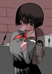 Rule 34 | 1girl, absurdres, backpack, bag, black eyes, black hair, black skirt, blunt ends, blush, bob cut, breasts, brick wall, bright pupils, female focus, flying sweatdrops, glasses, highres, large breasts, looking at viewer, looking up, nervous, open mouth, original, pleated skirt, pov, red neckwear, rimless eyewear, road, sailor collar, school uniform, short hair, shy, skirt, solo, street, sweat, nervous sweating, wavy hair, wavy mouth, white pupils, white sailor collar, zurikishi