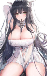 Rule 34 | 1girl, absurdres, antlers, arm behind head, armpits, azur lane, between legs, black hair, black necktie, blush, breasts, cleavage, cleavage cutout, clothing cutout, cowboy shot, dress, flower, gloves, green eyes, hair between eyes, hair flower, hair ornament, hand between legs, highres, horns, indomitable (azur lane), large breasts, long hair, looking at viewer, lshiki, mouth hold, navel, necktie, necktie in mouth, sidelocks, sketch, solo, thighs, third-party source, white dress, white gloves