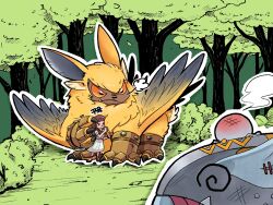 Rule 34 | 1girl, 2boys, angry, brown hair, defeat, digimon, digimon ghost game, forest, grass, highres, injury, lamortmon, long hair, looking at another, manticoremon, multiple boys, nature, tree, tsukiyono ruli, wings, wolpertinger
