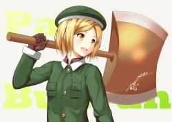 Rule 34 | 1girl, axe, blonde hair, blush, brown gloves, character name, fate/grand order, fate (series), gloves, green hat, hat, holding, holding axe, holding weapon, looking away, mugipot, open mouth, paul bunyan (fate), short hair, smile, solo, upper body, weapon, yellow eyes
