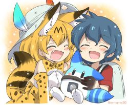 Rule 34 | 10s, 2girls, animal ears, backpack, bag, black hair, blonde hair, bucket hat, cat ears, cat tail, elbow gloves, eromame, gloves, hat, hat feather, kaban (kemono friends), kemono friends, lucky beast (kemono friends), multiple girls, open mouth, serval (kemono friends), serval print, serval tail, shirt, short hair, smile, tail