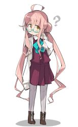 Rule 34 | 1girl, ?, ahoge, boots, bow, bowtie, cross-laced footwear, double bun, full body, glasses, grey pantyhose, hair bun, halterneck, kantai collection, lace-up boots, long sleeves, looking at viewer, makigumo (kancolle), pantyhose, pink hair, salamander (hop-step), school uniform, shirt, simple background, sleeves past fingers, sleeves past wrists, solo, standing, twintails, white background, white shirt, yellow eyes