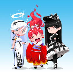 Rule 34 | 10s, 2013, 3girls, bare shoulders, black eyes, black legwear, blush, boots, breasts, closed eyes, cloud, detached sleeves, dress, earrings, fiery hair, fire, fire, frills, frown, geta, gloves, glowing, glowing eyes, gothic lolita, grin, hair ornament, hairband, halo, high heels, hime cut, holding hands, hono-sho hinoko, japanese clothes, jewelry, kamocham, kimono, large breasts, lolita fashion, lolita hairband, long hair, multiple girls, new year, obi, original, red hair, ribbon, sash, shoes, side slit, sleeves past wrists, smile, snow, symbol-shaped pupils, thighhighs, white eyes, white legwear, wide sleeves, zettai ryouiki