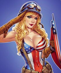 1girl american_flag american_flag_print belt_pouch blonde_hair blue_background blue_corset blue_eyeshadow blue_helmet breasts brown_gloves cleavage corset elias_chatzoudis eyeshadow flag_print gloves goggles goggles_on_headwear green_eyes helmet highres holding holding_shield large_breasts long_hair looking_at_viewer makeup multicolored_corset original pouch print_corset red_corset red_lips salute shield solo upper_body veteran&#039;s_day white_corset