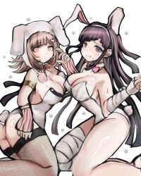 2girls animal_ears bare_shoulders breasts cleavage danganronpa_(series) danganronpa_2:_goodbye_despair detached_collar fake_animal_ears grin ikemen&#039;na_ore-shi large_breasts leotard long_hair looking_at_viewer mole mole_on_breast mole_under_eye multiple_girls nanami_chiaki playboy_bunny rabbit_ears rabbit_tail smile strapless strapless_leotard sweat tail tsumiki_mikan