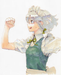 Rule 34 | 1girl, blue dress, blue eyes, bow, braid, breasts, buttons, clenched hand, collared shirt, commentary request, dress, floating hair, frills, green bow, green ribbon, grey background, hair bow, hand up, highres, izayoi sakuya, maid headdress, neck ribbon, open mouth, profile, puffy short sleeves, puffy sleeves, ribbon, sash, shiratama (hockey), shirt, short hair, short sleeves, sidelocks, silver hair, simple background, small breasts, solo, sweatdrop, touhou, traditional media, twin braids, upper body, white sash, wing collar