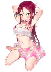 Rule 34 | 1girl, absurdres, adjusting hair, alternate breast size, arched back, arm strap, armpits, arms behind head, bare legs, barefoot, bikini, breasts, floral print, hair bun, hair ornament, hairclip, half updo, halterneck, highres, large breasts, lips, long hair, looking at viewer, love live!, love live! school idol festival, love live! school idol project, love live! sunshine!!, midriff, mouth hold, navel, red bikini, red hair, sakurauchi riko, sarong, see-through, shiny skin, side bun, sideboob, simple background, single side bun, sitting, skindentation, solo, stomach, swimsuit, tem10, thigh strap, thighs, toes, yellow eyes