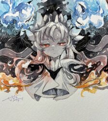 Rule 34 | 1girl, abyssal ship, bright pupils, colored skin, expressionless, fire, highres, kantai collection, long hair, looking at viewer, nanananatsu, new mass-produced aircraft carrier princess, painting (medium), photo (medium), red eyes, solo, traditional media, upper body, watercolor (medium), white hair, white pupils, white skin