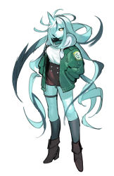 Rule 34 | 1girl, baniran dorosu, black socks, blue hair, blue horns, blue skin, boots, breasts, brown footwear, brown shorts, buttons, closed mouth, clothes writing, colored sclera, colored skin, expressionless, female focus, full body, green jacket, hair over one eye, hands in pockets, high-waist shorts, highres, horns, jacket, japanese text, kneehighs, legs, long hair, long sleeves, looking at viewer, medium breasts, monster girl, one eye covered, open clothes, open jacket, original, personification, shirt, shirt tucked in, short shorts, shorts, sidelocks, simple background, single horn, sketch, socks, solo, standing, thigh strap, tornado (baniran dorosu), translation request, very long hair, white background, white eyes, white shirt, yellow sclera