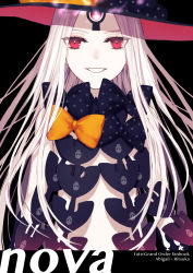 Rule 34 | 1girl, abigail williams (fate), bare shoulders, black background, black bow, black hat, bow, breasts, colored skin, fate/grand order, fate (series), forehead, glowing, glowing eye, grin, hat, highres, keyhole, long hair, looking at viewer, moz, multiple bows, orange bow, parted bangs, red eyes, simple background, small breasts, smile, solo, third eye, very long hair, white hair, white skin, witch hat