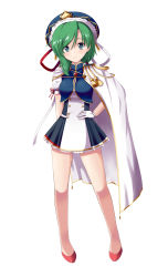 Rule 34 | 1girl, absurdres, asymmetrical hair, bare legs, black legwear, blue eyes, cape, contrapposto, crop top, cropped vest, epaulettes, full body, gloves, green hair, hand on own hip, hat, high-waist skirt, highres, miniskirt, mono (mono60), puffy short sleeves, puffy sleeves, red footwear, shiki eiki, shoes, short sleeves, simple background, skirt, smile, solo, standing, touhou, vest, white background