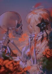 Rule 34 | 1girl, absurdres, black flower, blonde hair, blurry, blurry foreground, closed mouth, expressionless, film grain, flower, from side, hair flower, hair ornament, hand on another&#039;s face, hand up, highres, holding another&#039;s arm, isekai joucho, kamitsubaki studio, long hair, long sleeves, looking at another, messy hair, multicolored hair, profile, red flower, red hair, shirt, sidelocks, skeleton, streaked hair, suzukasuraimu, twitter username, upper body, virtual youtuber, wavy hair, white shirt