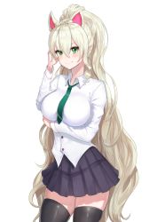 Rule 34 | 1girl, animal ears, black thighhighs, blonde hair, breasts, copyright request, greem bang, green eyes, green necktie, high ponytail, highres, large breasts, long hair, looking at viewer, necktie, pleated skirt, school uniform, simple background, skirt, smile, solo, thighhighs, very long hair, white background, zettai ryouiki