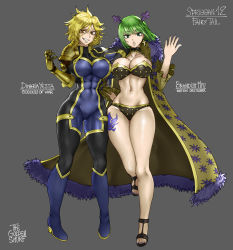 Rule 34 | 2girls, absurdres, brandish mew, breasts, cleavage, dimaria yesta, fairy tail, high heels, highres, large breasts, multiple girls, nail polish, the golden smurf, toenail polish, toenails, toes