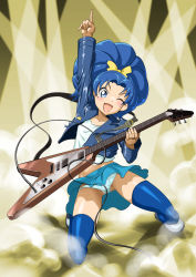Rule 34 | &gt;;d, 10s, 1girl, ;d, arm up, blue eyes, blue hair, bow, cable, cropped jacket, cure gelato, electric guitar, fang, full body, guitar, hair bow, highres, instrument, kirakira precure a la mode, long hair, looking at viewer, matching hair/eyes, miniskirt, one eye closed, on one knee, open mouth, panties, pointing, pointing up, precure, shimotsuki juugo, shoes, skirt, smile, smoke, solo, tategami aoi, thighhighs, underwear, v-shaped eyebrows