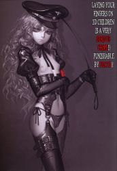 Rule 34 | 1girl, absurdres, alphonse (white datura), armband, bdsm, breasts, cameltoe, cleft of venus, curly hair, english text, garter belt, gloves, hat, highres, long hair, military, military uniform, monochrome, navel, nazi, nipples, panties, pedophile, side-tie panties, small breasts, topless, underwear, uniform, whip