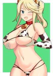Rule 34 | alice gear aegis, animal ears, animal print, bare shoulders, bell, bikini, blonde hair, blue eyes, blush, breast hold, breasts, collar, covered erect nipples, cow ears, cow horns, cow print, cowbell, cowboy shot, elbow gloves, gloves, gluteal fold, green background, guchiaki, horns, large breasts, long hair, micro bikini, navel, neck bell, one eye closed, open mouth, outside border, shirley oakley, side ponytail, simple background, skindentation, smile, solo, strap gap, swept bangs, swimsuit, tsurime, underboob
