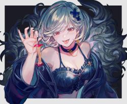 Rule 34 | 1girl, alter ego malevolent (granblue fantasy), apple, apple core, black jacket, black nails, border, breasts, camisole, choker, commentary request, crop top, djeeta (granblue fantasy), earrings, feather boa, food, fruit, granblue fantasy, hair ornament, holding, holding food, jacket, jewelry, kiri (pyonta), looking at viewer, medium breasts, nail polish, off shoulder, outside border, red eyes, short hair, silver hair, solo, tongue, tongue out, twitter username, upper body, x hair ornament