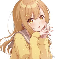 Rule 34 | 1girl, :o, artist name, artist request, blush, bow, bowtie, breasts, brown eyes, brown hair, buttons, cardigan, closed eyes, collarbone, eyebrows, female focus, floating hair, grey sailor collar, hair between eyes, highres, kunikida hanamaru, light brown hair, long hair, long sleeves, looking at viewer, love live!, love live! sunshine!!, nail, nail polish, orange bow, parted lips, pink nails, sailor collar, school uniform, simple background, skirt, sleeves past wrists, smile, solo, sweater, upper body, uranohoshi school uniform, vest, wavy hair, white background, yellow cardigan, yellow eyes, yellow sweater
