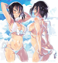 Rule 34 | 10s, 1girl, armpits, arms behind head, ass, bare arms, bare shoulders, bikini, black hair, blue eyes, blue sky, blush, breasts, butt crack, cleavage, closed mouth, cloud, cloudy sky, cowboy shot, cropped legs, day, frown, girls und panzer, hair between eyes, highres, kawashima momo, large breasts, looking at viewer, monocle, navel, norinco, outdoors, short hair, short hair with long locks, side-tie bikini bottom, sky, solo, standing, strap gap, swimsuit, thong, thong bikini, tongue, untied bikini, white bikini, wide hips