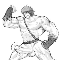 Rule 34 | 1boy, abs, bara, cowboy shot, fate/grand order, fate (series), flexing, greyscale, hand on own hip, hunterkay, large pectorals, large penis, male focus, monochrome, muscular, orion (bear) (fate), pectorals, penis, smile, solo, super orion (fate), thick eyebrows, thighs, uncensored, upper body, vambraces, veins
