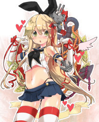 Rule 34 | 10s, 1girl, :o, anchor, blonde hair, blue skirt, blush, chain, elbow gloves, gloves, green eyes, heart, hekicha, highres, kantai collection, long hair, navel, rensouhou-chan, ribbon, shimakaze (kancolle), skirt, striped clothes, striped thighhighs, thighhighs, white gloves