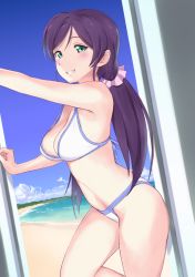 Rule 34 | 10s, 1girl, beach, bikini, blush, breasts, cleavage, cloud, day, green eyes, grin, large breasts, long hair, looking at viewer, love live!, love live! school idol festival, love live! school idol project, outdoors, purple hair, smile, solo, strap gap, swimsuit, tojo nozomi, twintails, wa (genryusui), water