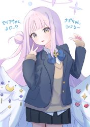 Rule 34 | 1girl, angel wings, blazer, blue archive, blue bow, blue bowtie, bow, bowtie, commentary request, halo, highres, jacket, long hair, looking at viewer, low wings, mika (blue archive), mugenmarine, nail polish, pink hair, pink nails, pleated skirt, school uniform, skirt, smile, solo, translation request, v, white wings, wings, yellow eyes