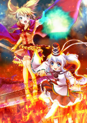 Rule 34 | 2girls, belt, blonde hair, blue eyes, bracelet, building, cape, energy ball, fire, hair ribbon, hat, hat ribbon, headphones, izumi akane, jewelry, long sleeves, looking at viewer, lots of jewelry, mononobe no futo, multiple girls, open mouth, outstretched arm, outstretched hand, ponytail, ribbon, ritual baton, sash, shirt, silver hair, skirt, sleeveless, sleeveless shirt, smile, touhou, toyosatomimi no miko, wide sleeves, yellow eyes