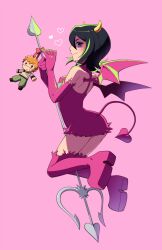 Rule 34 | 1girl, black hair, bleach, boots, breasts, character doll, demon girl, demon horns, demon tail, demon wings, dress, elbow gloves, full body, gloves, heart, highres, horns, kuchiki rukia, kurosaki ichigo, lao wen, looking at viewer, official alternate costume, pink background, pink dress, pink footwear, pink gloves, polearm, purple eyes, short hair, small breasts, tail, thigh boots, trident, weapon, wings