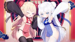 Rule 34 | + +, 2girls, ;d, arm up, armpits, azur lane, bache (azur lane), bare shoulders, black legwear, black panties, black sleeves, blue dress, blue eyes, blush, breasts, bun cover, closed mouth, commentary request, covered navel, detached sleeves, double bun, dress, frilled sleeves, frills, full moon, hand up, highres, kokone (coconeeeco), le malin (azur lane), light brown hair, long sleeves, moon, multiple girls, navel, one eye closed, open mouth, panties, purple eyes, red dress, round window, see-through, side-tie panties, silver hair, sleeveless, sleeveless dress, sleeves past fingers, sleeves past wrists, small breasts, smile, thighhighs, underwear, white legwear, white panties, white sleeves, wide sleeves, window
