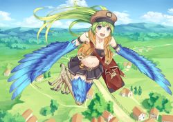 Rule 34 | 1girl, :d, bag, belt, blue eyes, building, eichisu, green hair, harpy, hat, landscape, long hair, looking at viewer, mailman, midriff, monster girl, mountain, navel, open mouth, original, skirt, smile, solo, strapless, tube top, winged arms, wings