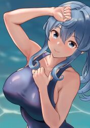 Rule 34 | 1girl, bare shoulders, blue eyes, blue hair, blush, breasts, collarbone, gotland (kancolle), hair between eyes, kantai collection, large breasts, long hair, looking at viewer, mole, mole under eye, one-piece swimsuit, shiromaru (maniado), smile, solo, swimsuit