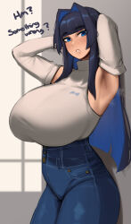 Rule 34 | 1girl, alternate breast size, armpits, arms up, blue eyes, blue hair, blue pants, blush, breasts, colored inner hair, denim, detached sleeves, grey shirt, grey sleeves, hair intakes, highres, hololive, hololive english, huge breasts, jeans, long hair, looking at viewer, multicolored hair, ouro kronii, pants, roresu, shirt, sidelocks, solo, thick thighs, thighs, virtual youtuber, wide hips
