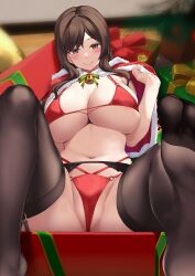 Rule 34 | 1girl, absurdres, bell, bikini, bow, bowtie, breasts, brown eyes, brown hair, brown thighhighs, cameltoe, capelet, christmas, cleavage, closed mouth, feet, foreshortening, fur trim, garter belt, halterneck, highres, huge breasts, long hair, looking at viewer, multi-strapped bikini, navel, no shoes, original, partially visible vulva, rebutsu, red bikini, red capelet, santa bikini, smile, solo, stomach, strap gap, string bikini, swimsuit, thighhighs