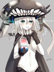 Rule 34 | 10s, 1girl, ^^^, abyssal ship, artist name, bad id, bad pixiv id, blush, bodysuit, brain freeze, breasts, cape, colored skin, food, green eyes, grey background, kantai collection, large breasts, nunucco, pale skin, shaved ice, simple background, solo, tears, white hair, white skin, wo-class aircraft carrier