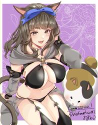 Rule 34 | 1girl, animal ears, bikini, black bikini, blue ribbon, breasts, brown eyes, brown hair, cat ears, cat tail, cleavage, commission, detached sleeves, eyebrows hidden by hair, fang, fat cat (ff14), feet out of frame, final fantasy, final fantasy xiv, floral background, garter belt, grey sarong, hair ribbon, hand in own hair, highres, jewelry, kneehighs, large breasts, light blush, lipstick, long hair, makeup, miqo&#039;te, necklace, nekonekoz001, o-ring, o-ring bikini, ribbon, sarong, sitting, skeb commission, smile, socks, solo, swimsuit, tail, teeth, upper teeth only, warrior of light (ff14)