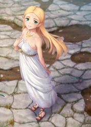 Rule 34 | 1girl, arm behind back, bare arms, bare shoulders, blonde hair, blush, bracelet, breasts, brown footwear, cleavage, collarbone, dated, dress, forehead, from above, full body, grass, green eyes, jewelry, long hair, looking at viewer, looking up, medium breasts, miyai sen, necklace, nintendo, outdoors, parted lips, pointy ears, princess zelda, sandals, smile, solo, standing, stone floor, strapless, strapless dress, the legend of zelda, the legend of zelda: breath of the wild, thick eyebrows, white dress