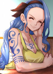 Rule 34 | 1girl, ^ ^, aosora2823, arm rest, arm tattoo, bandages, bare arms, bare shoulders, blue hair, breasts, chest tattoo, cleavage, closed eyes, closed mouth, elbow rest, facing viewer, hairband, hand on own cheek, hand on own face, hand up, highres, indoors, large breasts, leaning to the side, light blush, long hair, medium breasts, nojiko, one piece, overalls, shoulder tattoo, smile, solo, tan, tattoo, upper body, very long hair