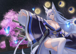 Rule 34 | 1girl, animal ear fluff, animal ears, answering, azur lane, bare shoulders, blue butterfly, blue eyes, blue kimono, breasts, bug, butterfly, cleavage, gold trim, highres, insect, japanese clothes, kimono, kitsune, large breasts, long hair, long sleeves, moon phases, multiple swords, night, night sky, outstretched arm, purple kimono, sheath, sheathed, shinano (azur lane), sky, solo, star (sky), starry sky, thighhighs, two-tone kimono, very long hair, white hair, white tail, white thighhighs, wide sleeves