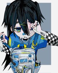 Rule 34 | 1girl, backpack, bag, bandaid, bandaid on face, bandaid on nose, black hair, black nails, blue eyes, blue shirt, border, can, chain necklace, checkered clothes, checkered shirt, cuts, drink can, front backpack, grey background, hair between eyes, hair ornament, hairclip, hand up, headphones, headphones removed, highres, holding strap, injury, jewelry, layered sleeves, long hair, long sleeves, looking at viewer, multiple rings, nail polish, necklace, one eye closed, original, outside border, parted lips, pearl necklace, ring, self-harm, shirt, short over long sleeves, short sleeves, simple background, soda can, solo, sweat, two side up, upper body, urokogaran, white border, x hair ornament