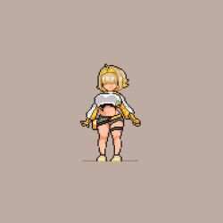 Rule 34 | 1girl, ahoge, animated, black gloves, black sports bra, blonde hair, breasts, chibi, clothing cutout, crop top, crop top overhang, cropped sweater, elegg (nikke), exposed pocket, fafa, gloves, goddess of victory: nikke, grey shorts, hair intakes, hair over eyes, large breasts, long bangs, long sleeves, micro shorts, multicolored clothes, multicolored gloves, multicolored hair, pixel art, short hair, shorts, shoulder cutout, solo, sports bra, suspender shorts, suspenders, tagme, thigh strap, thighs, two-tone hair, video, yellow gloves