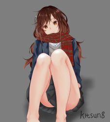 1girl absurdres artist_name bare_legs blue_jacket brown_eyes brown_hair closed_mouth feet_out_of_frame grey_background grey_skirt highres hori-san_to_miyamura-kun hori_kyouko jacket kitsun8 knees_up long_hair long_legs long_sleeves looking_at_viewer miniskirt plaid_clothes plaid_scarf pleated_skirt scarf school_uniform simple_background skirt solo thighs