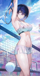 Rule 34 | 1girl, adidas, among us, arm behind head, armpits, arms up, ball, bare arms, bare shoulders, blue eyes, blue hair, breasts, cleavage, crop top, drawstring, feet out of frame, highres, holding, holding racket, large breasts, looking at viewer, meme, midriff, multicolored eyes, navel, open mouth, original, pink eyes, qiandaiyiyu, racket, shirt, short hair, short shorts, shorts, side slit, sleeveless, sleeveless shirt, solo, sports bra, standing, stomach, sweat, tennis ball, tennis net, tennis racket, thighs, white shorts, white sports bra